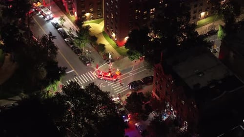 Aerial view of first responders at a Brooklyn apartment building