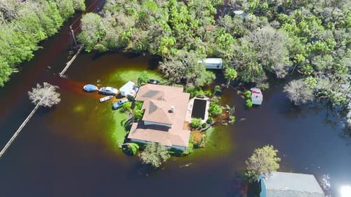 Surrounded By Hurricane Ian Rainfall Flood Waters Homes in Florida Residential Area Consequences of