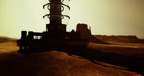 Erkundung einer futuristischen Siedlung auf einem fernen Planeten in der Dämmerung