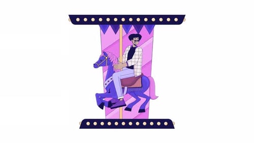 Hispanic young man riding horse carousel line 2D character animation