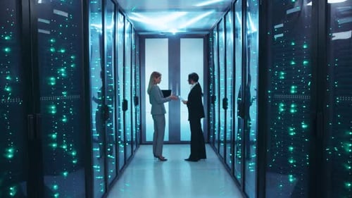 Dans une salle de serveurs, un homme et une femme discutent du travail d'équipe et de la collaboration