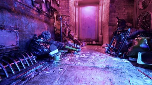Una habitación llena de basura junto a una puerta