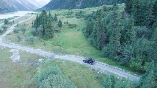 The Car Goes Along the River Along the Green Gorge