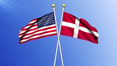 Waving United States and Denmark Flags on Crossed Poles