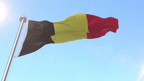 Realistic Belgium National Flag Waving in Blue Sky