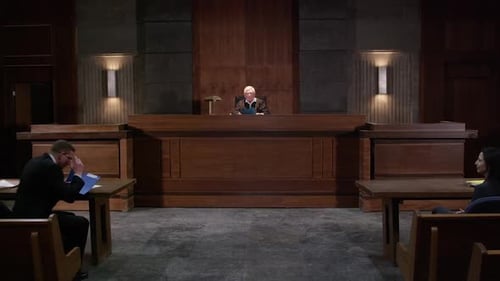 Lawyer - male stands up to hand judge a file in court room HD