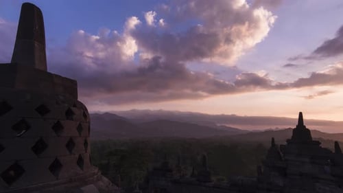 Borobudur time lapse of moving clouds at sunset