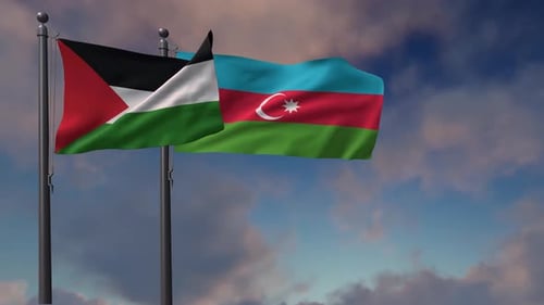 Palestine and Azerbaijan National Flags Waving on Flagpoles