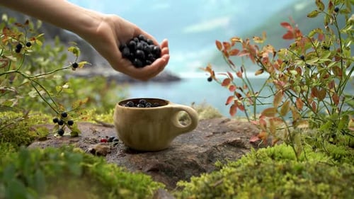 Blaubeeren in einer Holzschale Kuksa auf einem Hintergrund von Bergen