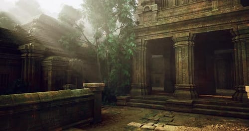 Ruins of an Ancient Temple Surrounded By Lush Vegetation at Sunrise