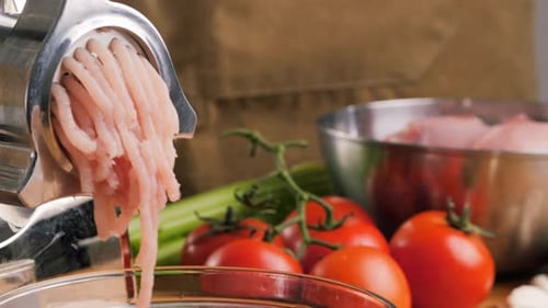 Meat Grinder Making Chicken Turkey Burger Grinds the Meat Into Minced Meat Minced Pork Beef Protein