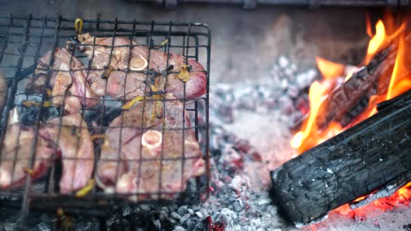 Mutton chops on grid being grilled on coals next to burning wood fire ...