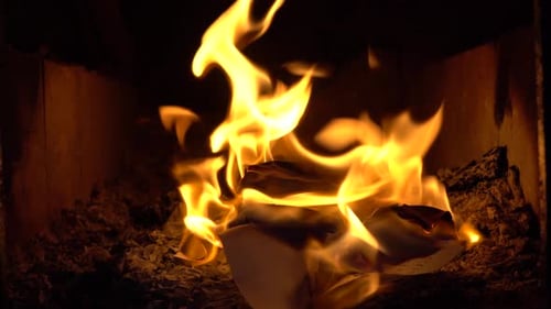Paper Burning in a Fireplace, Close Up