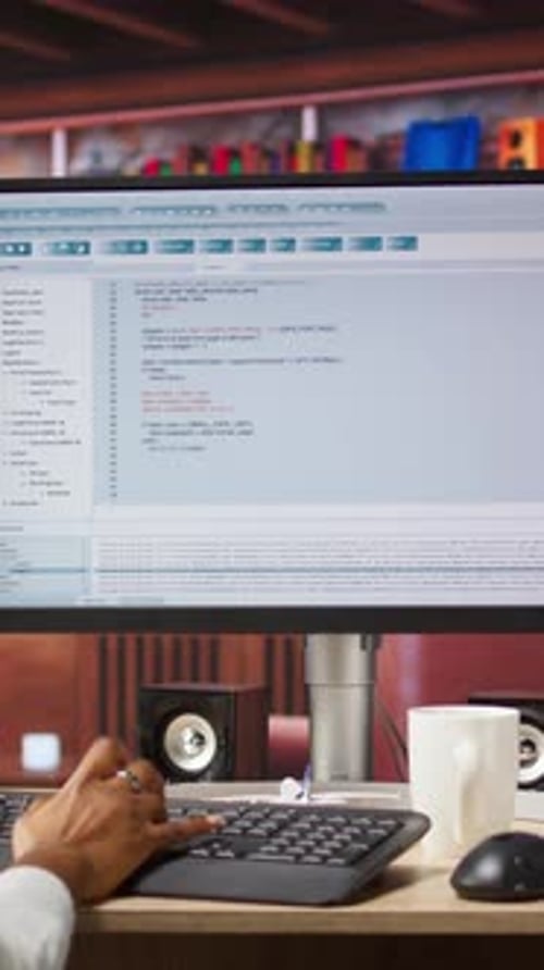 Vertical Video IT Expert in Home Office Working with Code Editor