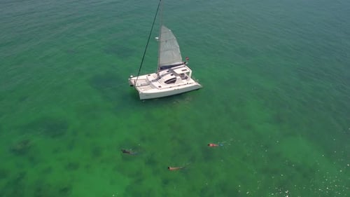 People Snorkel by Sailboat in Clear Ocean 4 Active Couple