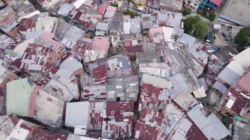 Tightly packed rooftops in an aerial view of Comuna 13, Medellin, Colombia