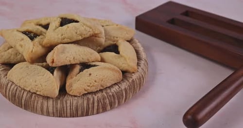 Golden Hamantaschen with Purim Noisemaker and Mask