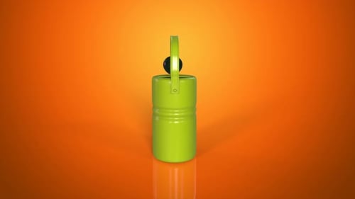 3D Green Watering Can Rotating on Reflective Surface