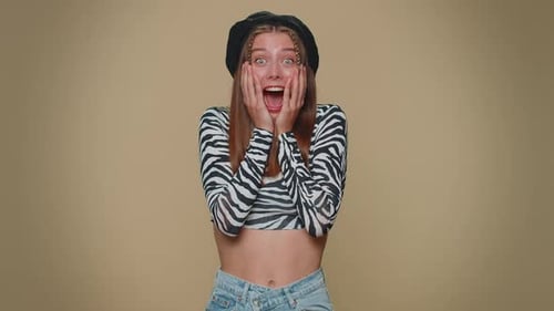 Happy Pretty Young Woman Celebrate Success Win Scream Rejoices Doing Winner Hands Gesture Say Yes