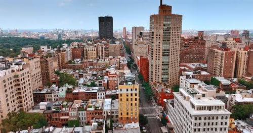 Buildings of residential area of diverse height. Vast New York cityscape from aerial perspective.