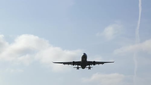 commercial passenger airplane lands at the airport