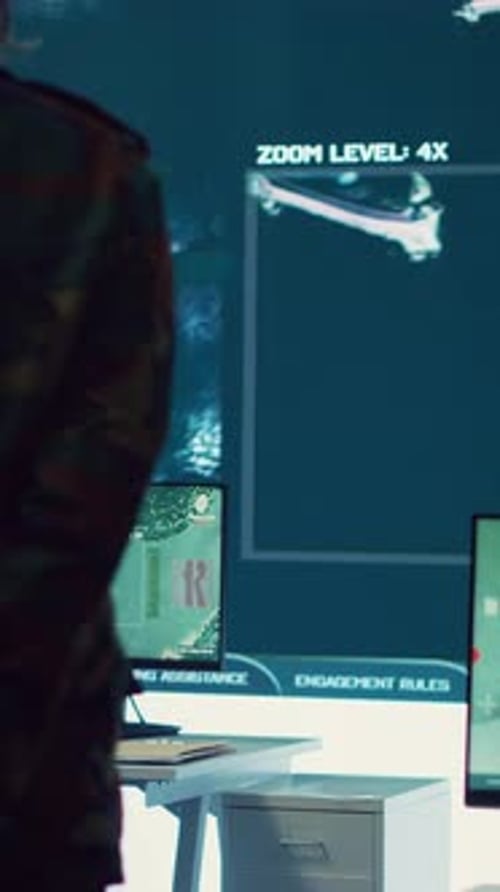 Vertical Video Military Surveillance Officers Talk Next to Big Screen in General Headquarters