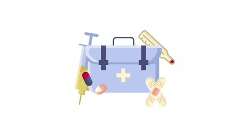 Animated Flat Design First Aid Kit with Medical Supplies