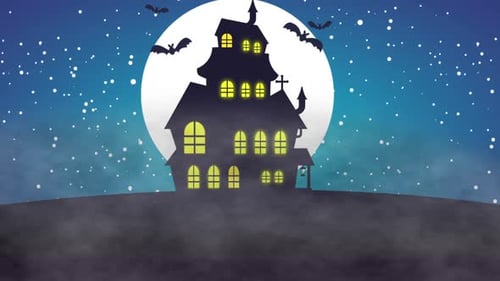 Halloween Haunted House with Flying Bats and Full Moon Animation