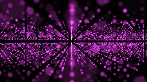 Pink light rays and shining particles on dark background. Endless shining light mirror tunnel