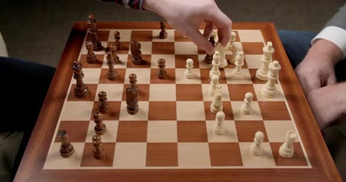 Chess Game Moves, Two Men Moving And Taking Pieces With View Of Whole Board, Bishop Takes Knight, Kn