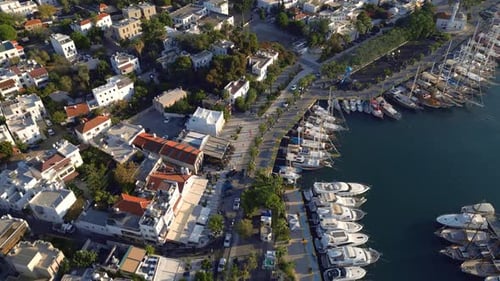 Aerial View on Summer City Buildings and Boats or Yachts on Sea Water in Harbour