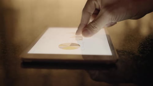 Finger Touching Tablet with Charts and Graphs