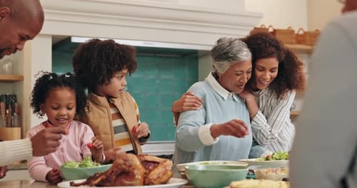 Family, thanksgiving and food with turkey, hug and table in home for reunion