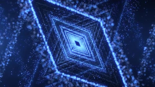 Digital tunnel of flickering particles, traveling in cyberspace, flying in a digital technological