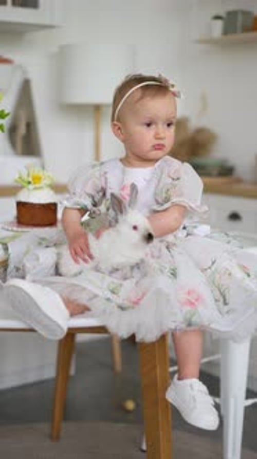 Baby Girl Holding White Rabbit Indoors