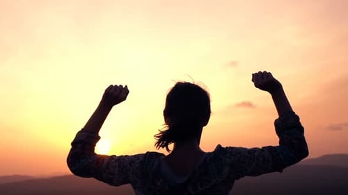 Happy Woman Raising Arms with Victory During Sunset, Super 240