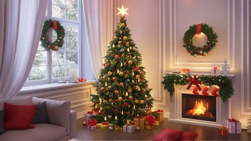 A room with a decorated Christmas tree with gifts underneath and a fireplace. 3D render