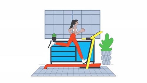 Woman running on treadmill in home gym cartoon animation