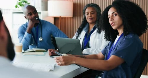 Woman, talking and doctors in meeting, documents and feedback for hospital schedule