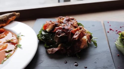 Close-up of Delicious Mediterranean food, salad, and soup