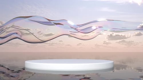 3D White Cylinder Platform Rainbow Wave Ribbon on Sea Bg Able to Loop Endless