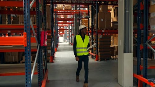 Logistics Operator Walking Through Warehouse Checking Inventory
