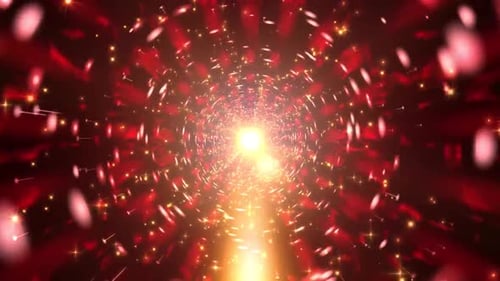 Sparkling Red and Gold Particles Flying Through Abstract Tunnel