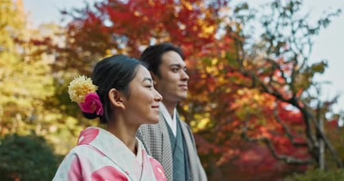 Japanese couple, traditional and walking in garden for sunshine, peace and thinking about life