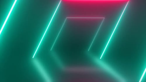 Abstract looped square tunnel neon green and red glowing from lines background