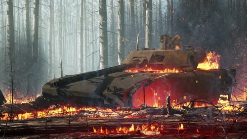 Burning Armored Vehicle in Forest Fire