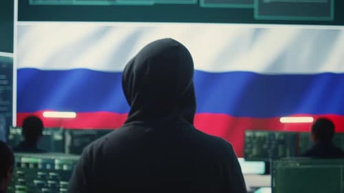Expert en salle de piratage gouvernementale avec un drapeau russe sur grand écran