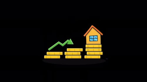 Animated House with Coin Stack and Arrow. Real Estate Price Rising Concept Video - Transparent