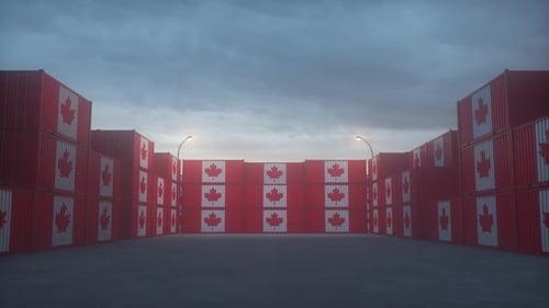 Canada flag containers are located at the container terminal. Canada export or import concept