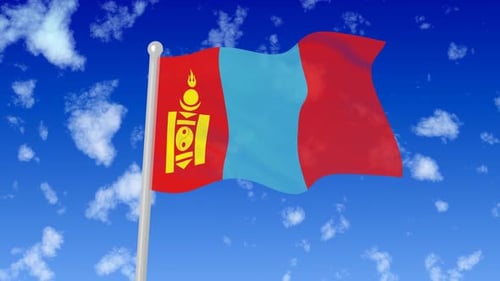 Waving Mongolia National Flag Against Blue Sky with Clouds